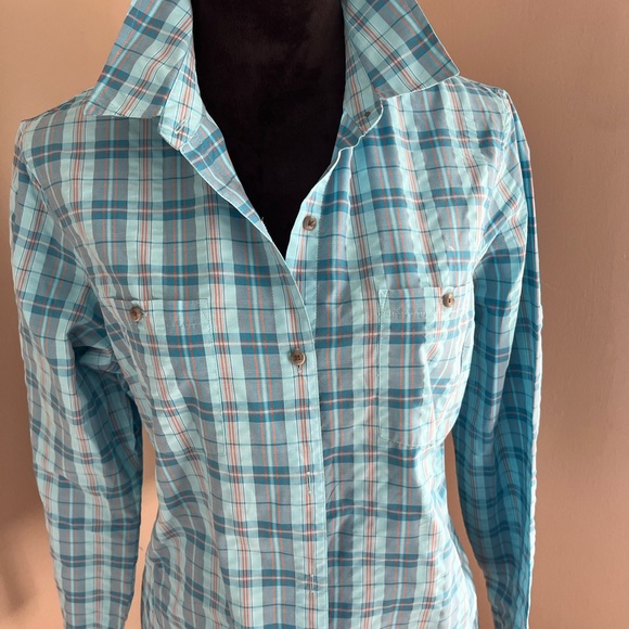 Eddie Bauer Teal and Red Plaid Long Sleeve Collar Buttoned Down Shirt Large - Picture 5 of 13